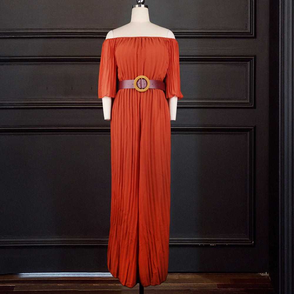 Radiant Elegance: Off-The-Shoulder Orange Pleated Jumpsuit