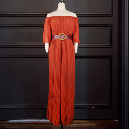 Radiant Elegance: Off-The-Shoulder Orange Pleated Jumpsuit