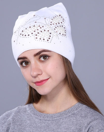 Woolen Knit Hat Cute Cat Ear Style with Pearl Butterfly design