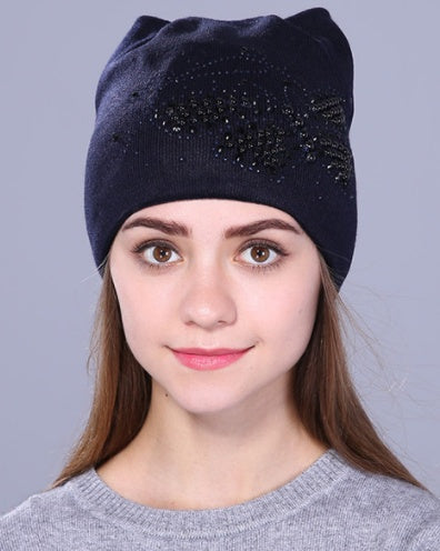 Woolen Knit Hat Cute Cat Ear Style with Pearl Butterfly design