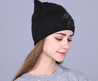 Woolen Knit Hat Cute Cat Ear Style with Pearl Butterfly design