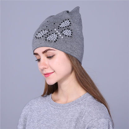 Woolen Knit Hat Cute Cat Ear Style with Pearl Butterfly design