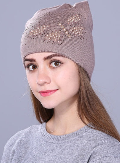 Woolen Knit Hat Cute Cat Ear Style with Pearl Butterfly design