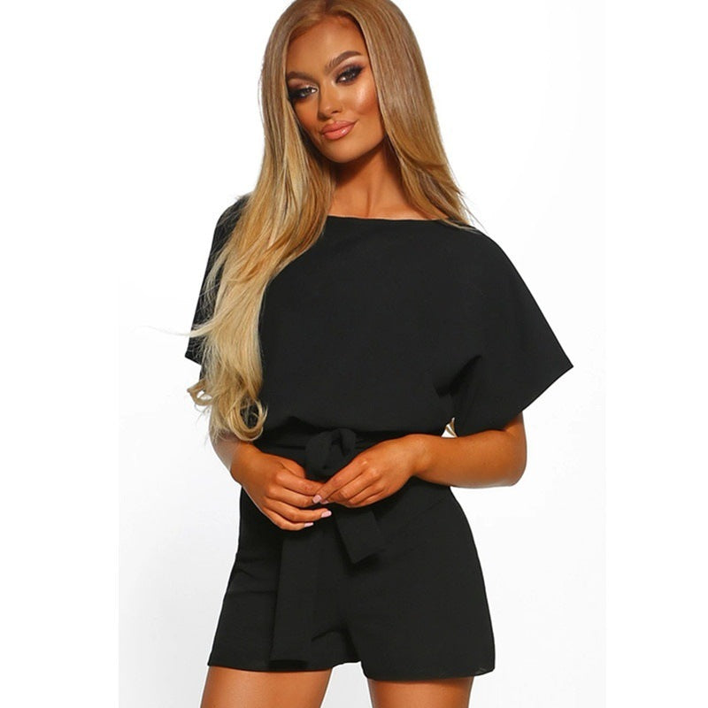 Black Short-sleeved Jumpsuit with Belt