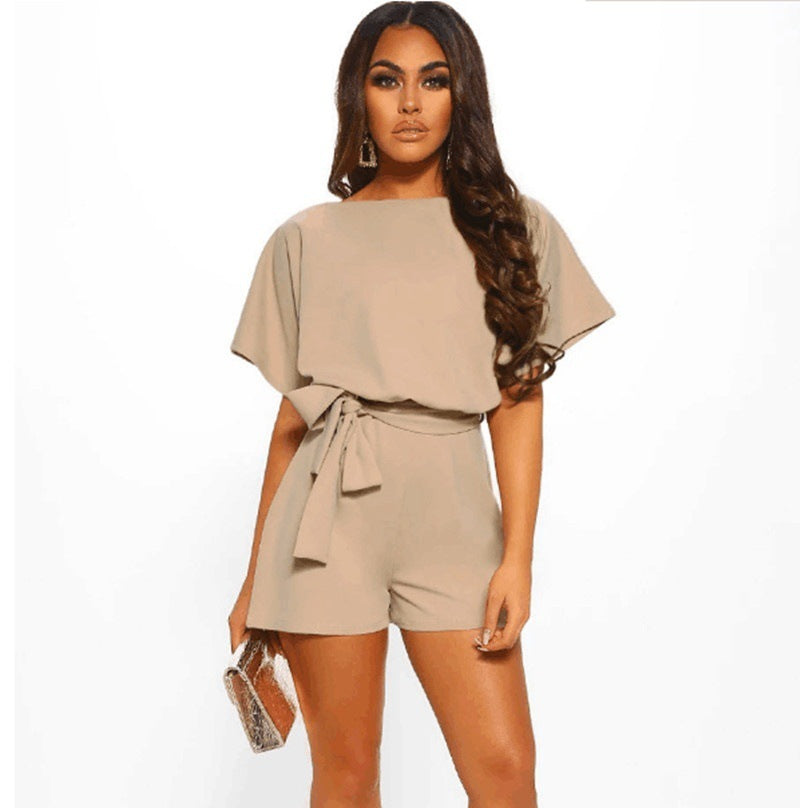 Khaki Short-sleeved Jumpsuit with Belt