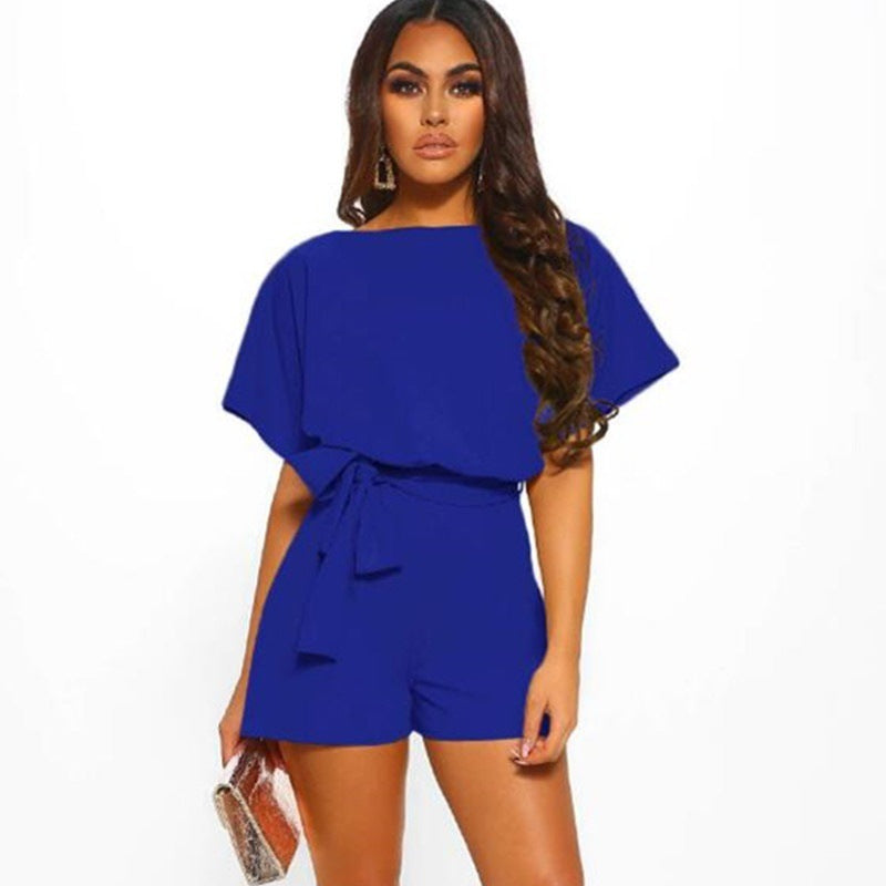 Blue Short-sleeved Jumpsuit with Belt