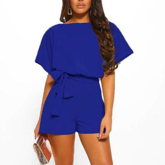 Blue Short-sleeved Jumpsuit with Belt