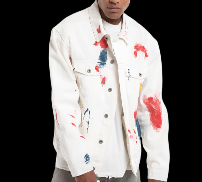 White Men's Casual Loose Graffiti Splash Ink Denim Jacket