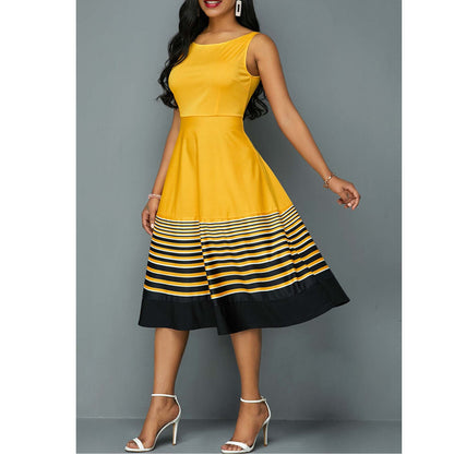 Yellow Digital Printed Ladies High Waisted Dress