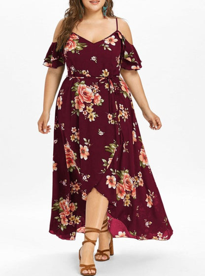 Red Plus Size Floral Loose Long Dress