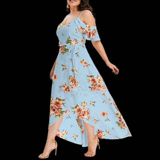 Blue Plus Size Floral Loose Long Dress