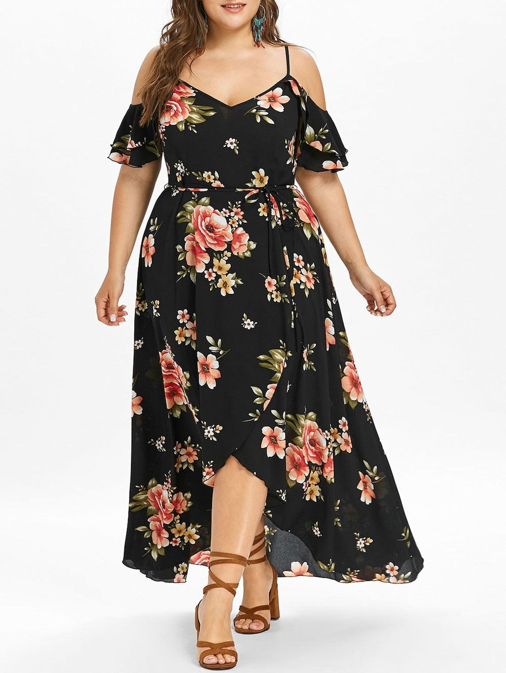 Black Plus Size Floral Loose Long Dress 