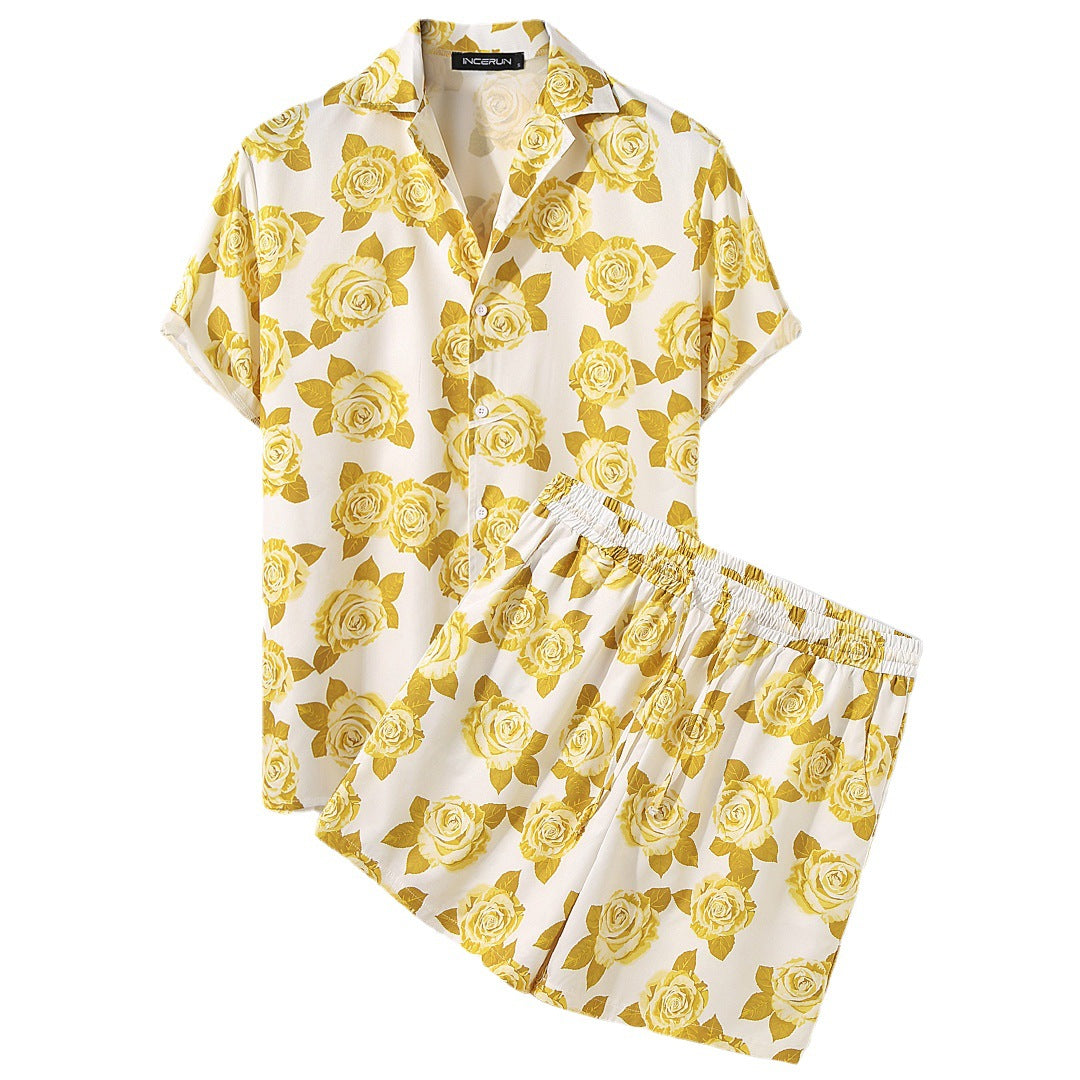 Men's Loose Beachwear Printed Short-sleeved Suit