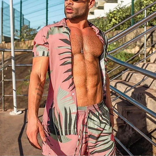 Men's Loose Beachwear Printed Short-sleeved Suit
