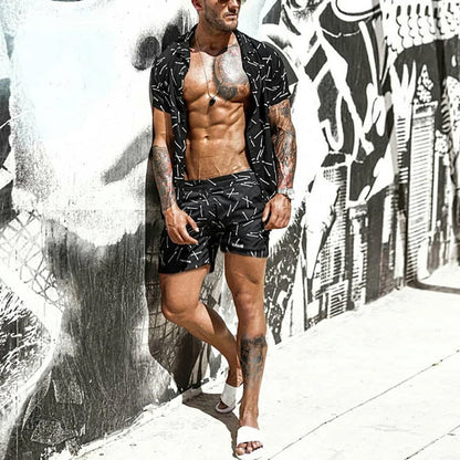 Men's Loose Beachwear Printed Short-sleeved Suit