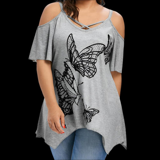 Plus Size Women's Cut Out Butterfly Print T-Shirt