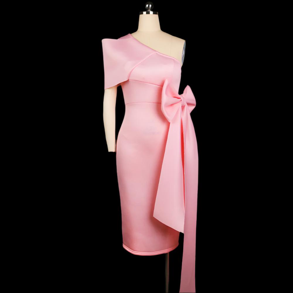 Pink  Sexy One-Shoulder Bowknot Hip Plus Size Slim Pencil Dress