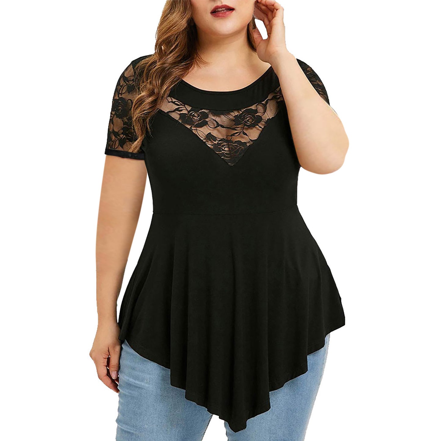 Black Women's Plus Size Floral Lace Short Sleeve Irregular Hem Blouse