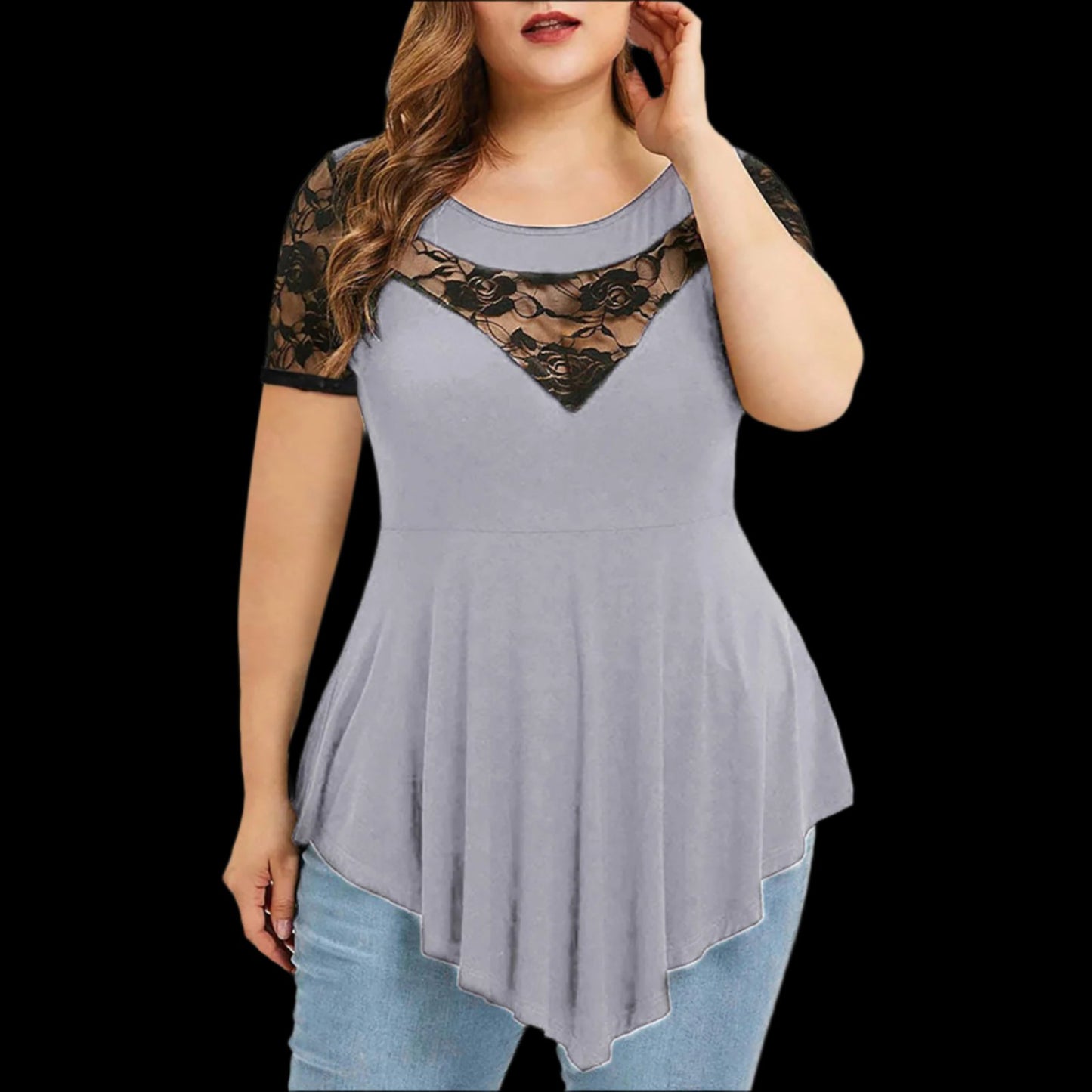 Grey Women's Plus Size Floral Lace Short Sleeve Irregular Hem Blouse