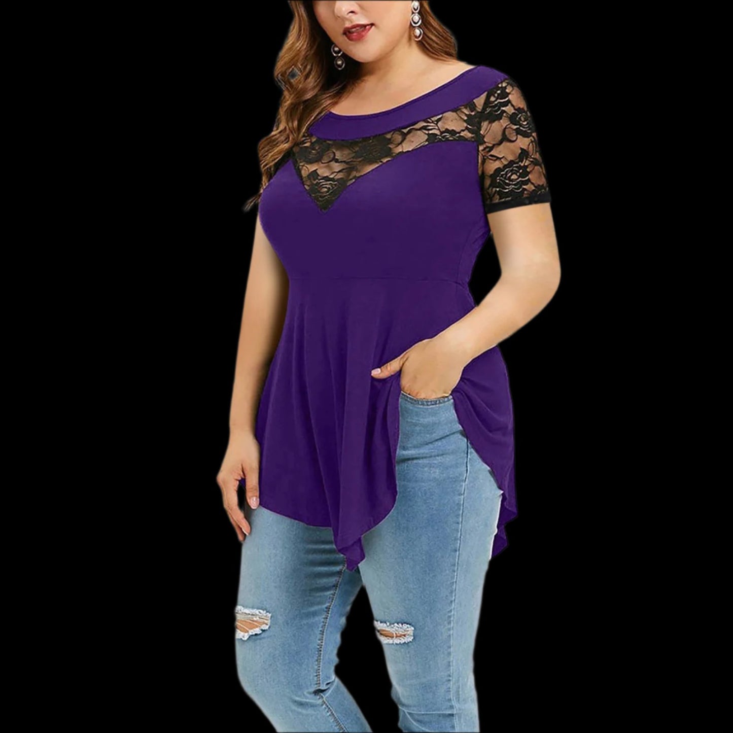 Purple Plus Size Floral Lace Short Sleeve Irregular Hem Blouse