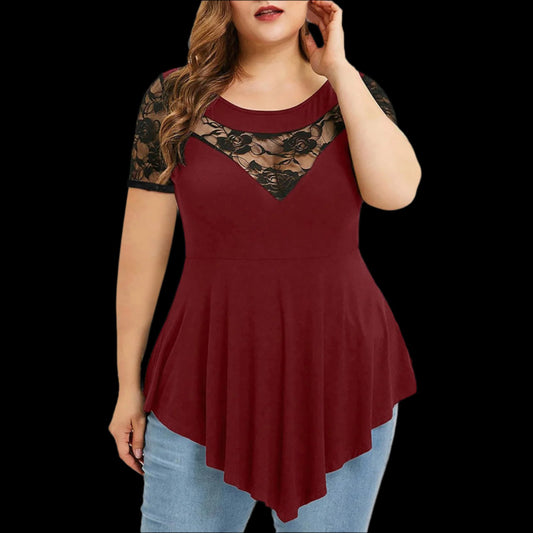 Red Women's Plus Size Floral Lace Short Sleeve Irregular Hem Blouse