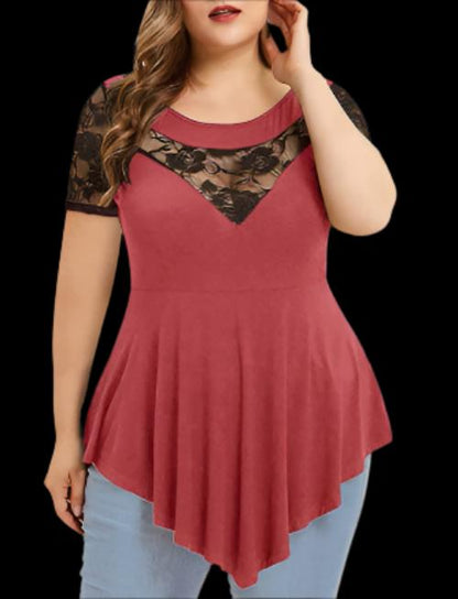 Women's Plus Size Floral Lace Short Sleeve Irregular Hem Blouse