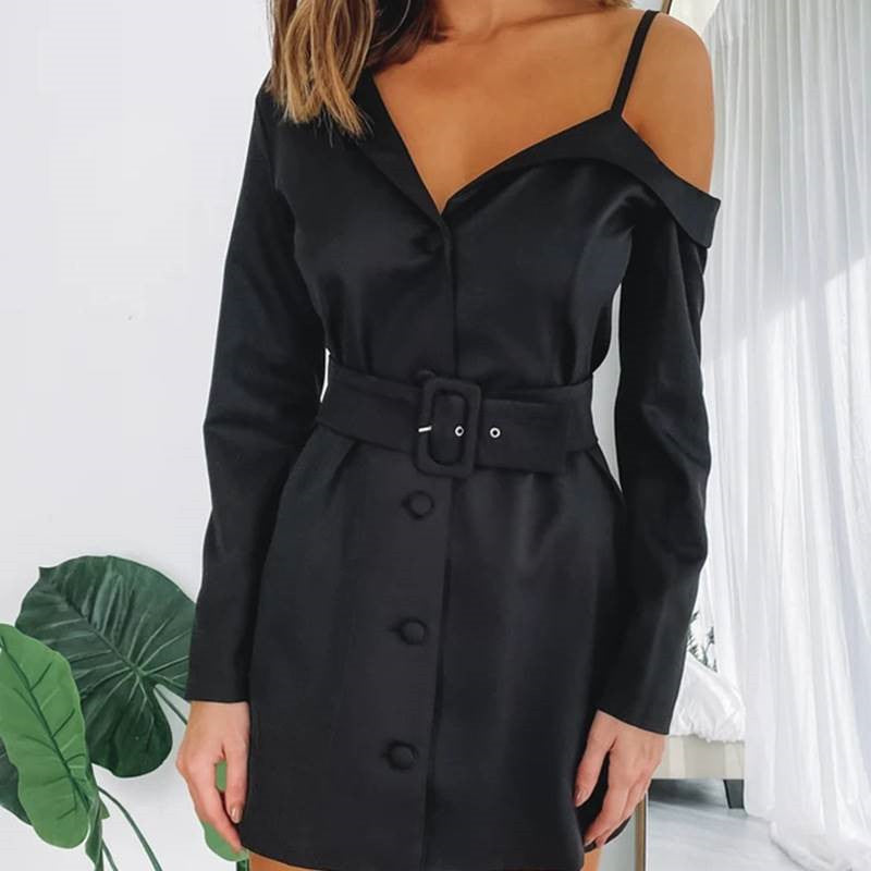 Black One-shoulder Irregular Shirt Dress with belt