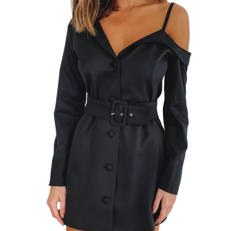 Black One-shoulder Irregular Shirt Dress with belt