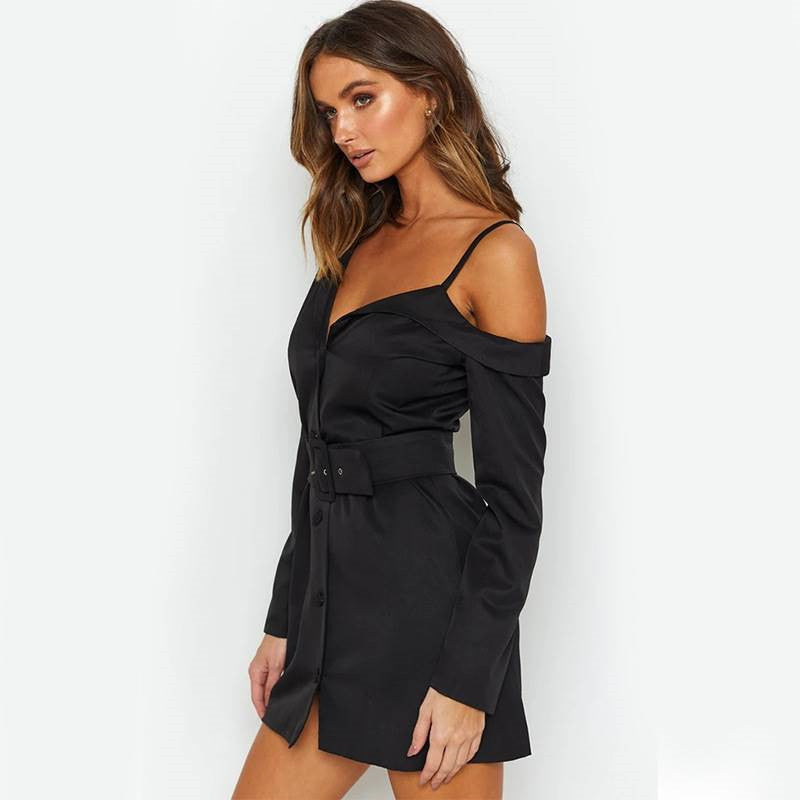 Black One-shoulder Irregular Shirt Dress with belt