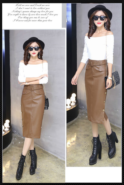 One-Step PU Leather Skirt with Gold Button Detail