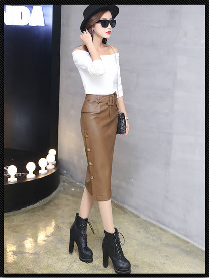 One-Step PU Leather Skirt with Gold Button Detail