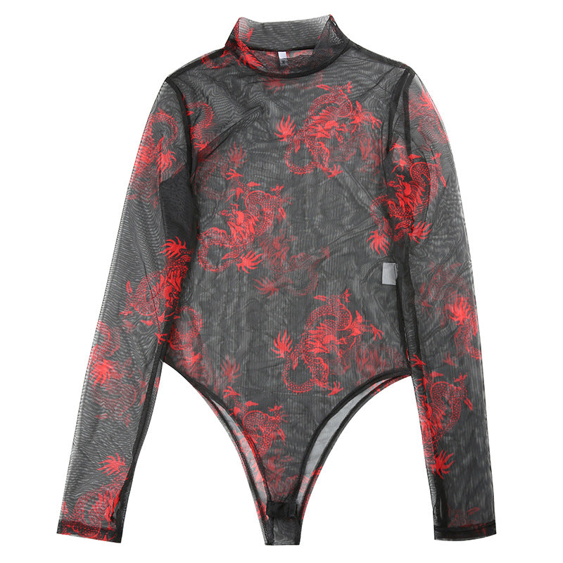 Dragon Print Mesh Bodysuit: Edgy Elegance