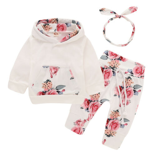 Cotton Flower Print Baby Girl Pants and Hoodie Suit