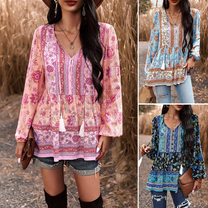 Chic Printed Long-Sleeved Top: Casual Elegance