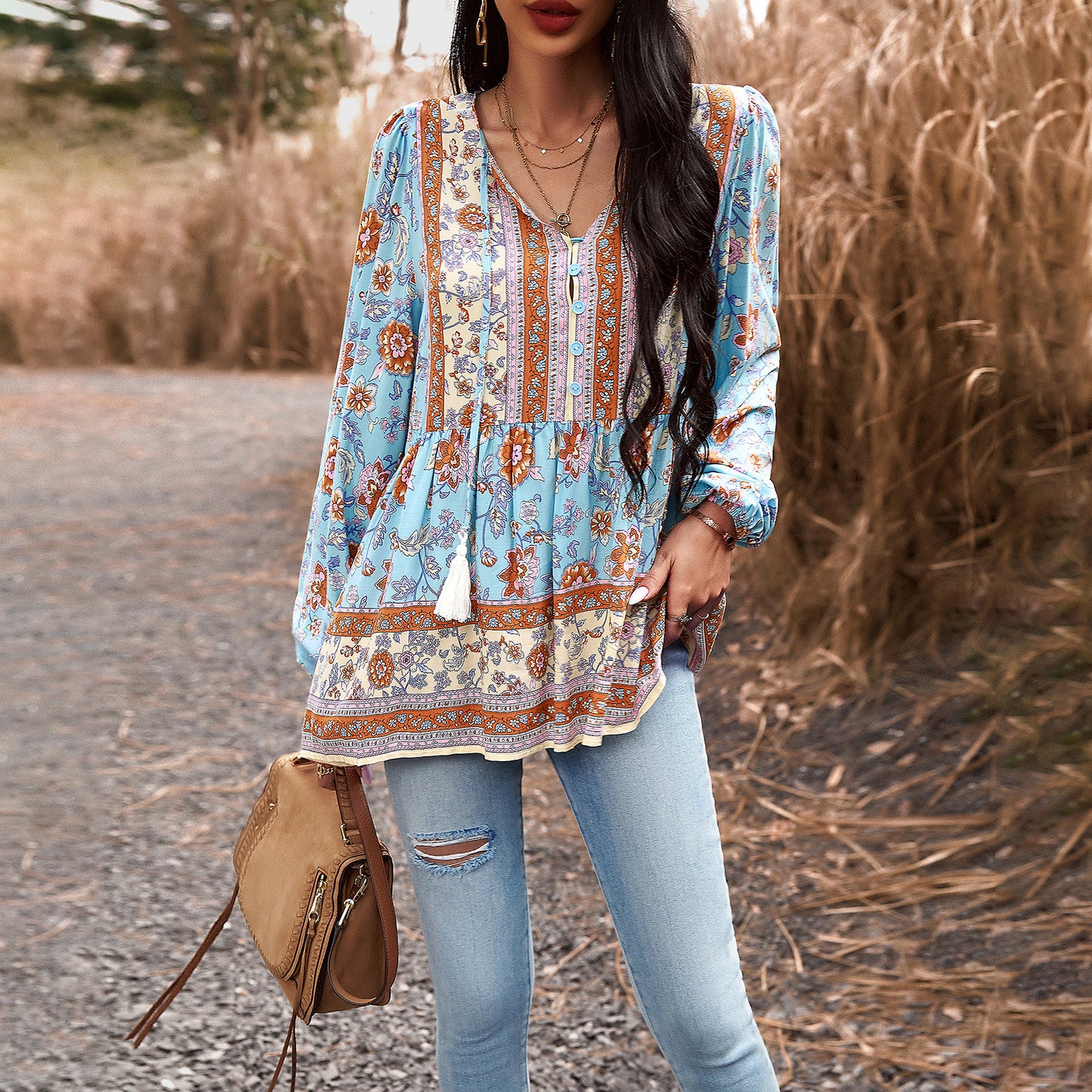 Blue Chic Printed Long-Sleeved Top: Casual Elegance