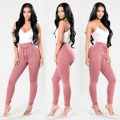 Pink Plus Size Chic Cotton Lace-up Trousers