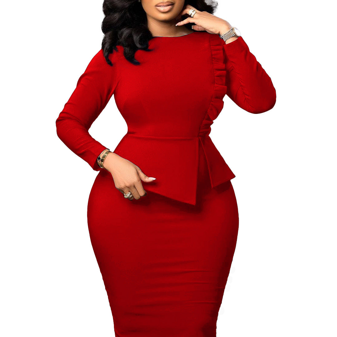 Red Women's Elegant Temperament Slim Fit Dress with Frill Top