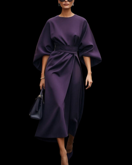 Deep Purple Round Neck Solid Color Mas Elegant Dress