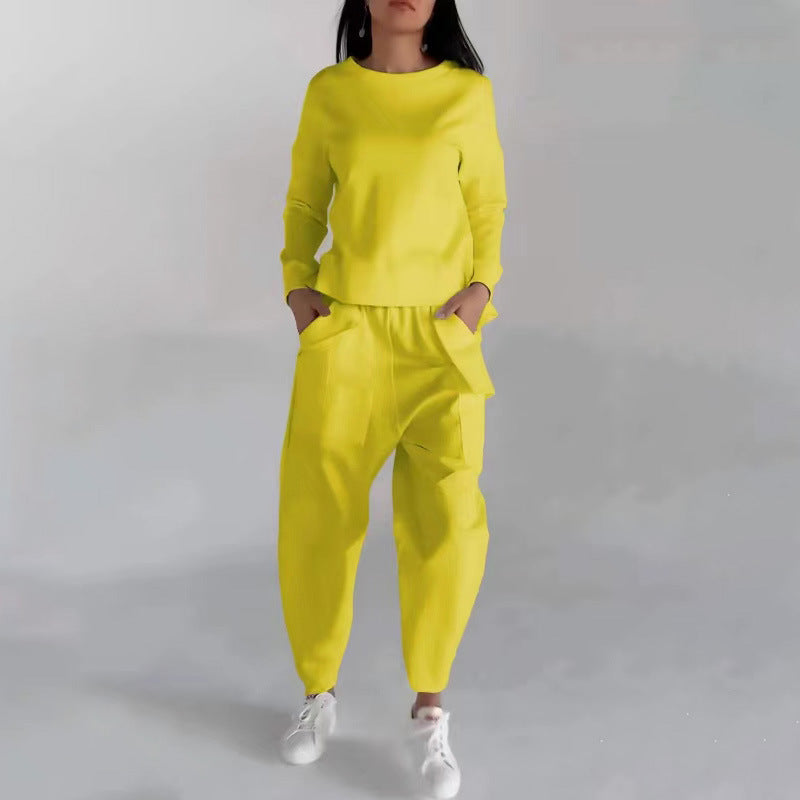 Yellow Women's Unique Design Back Slit & Lace up Top With Pockets & Loose Trousers