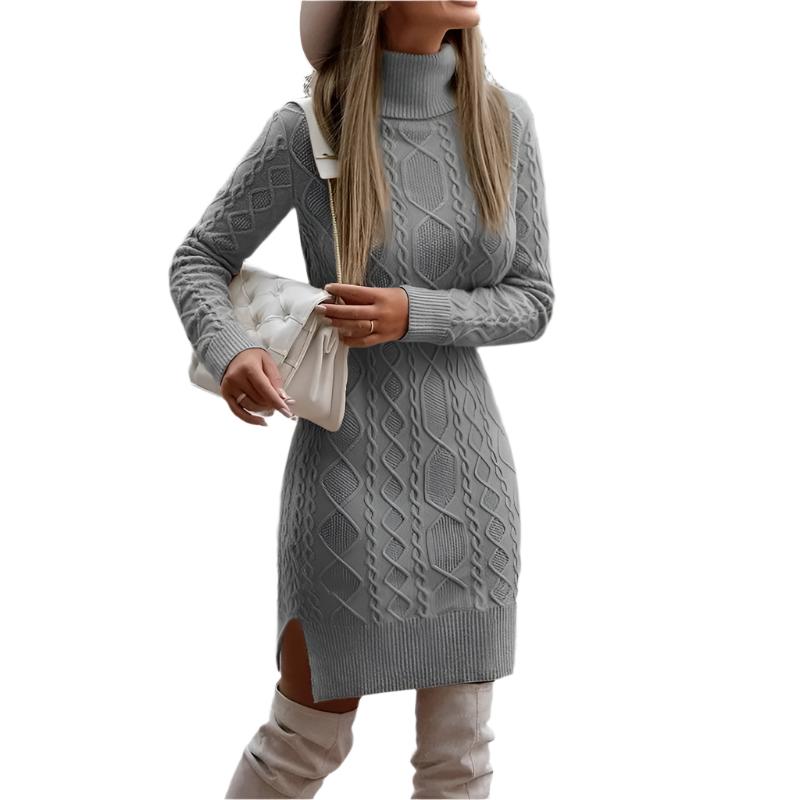 Grey Turtleneck Knitted Dress With Slit Design