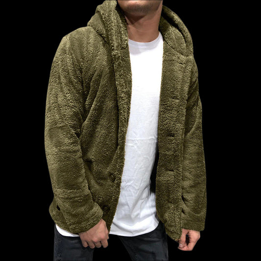 Green Winter Men's Hooded Jacket Sweater: Solid Color