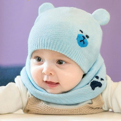 Baby Knitted Beanie Bear Cap & Neckerchief