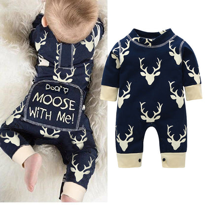 Cotton Long-sleeved Moose Print "Don't Moose With Me" Jumpsuit