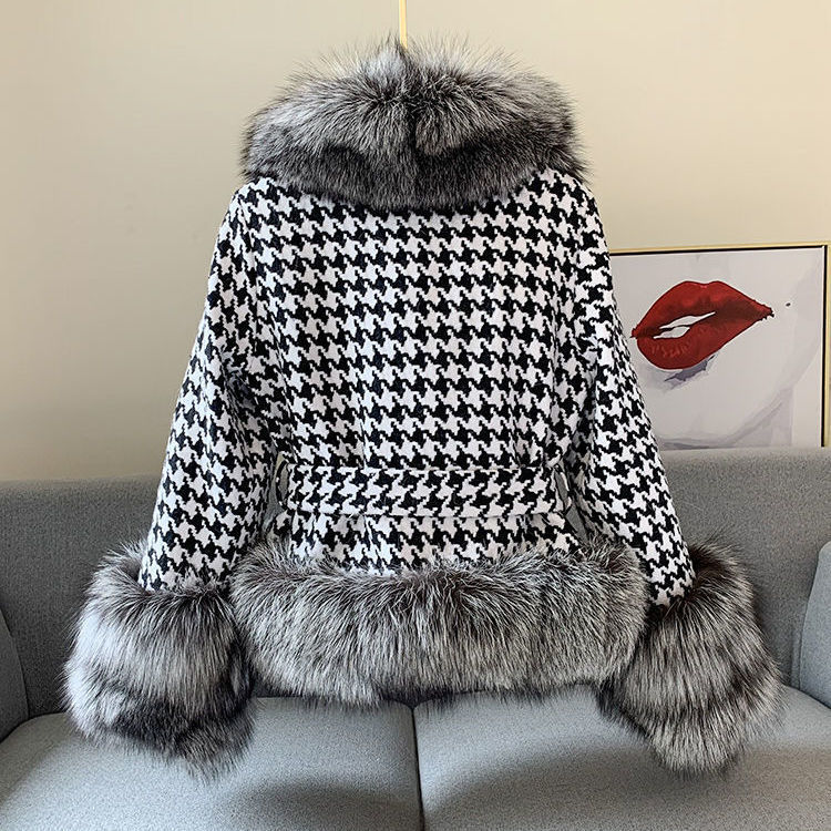 Women's Short Houndstooth Coat with Fox Fur Trim & Collar