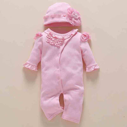 Cute Cotton Baby Girl Romper Suit & Hat with Flower detail