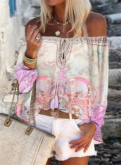 Ladies Printed V-neck Off the Shoulder Chiffon Blouse