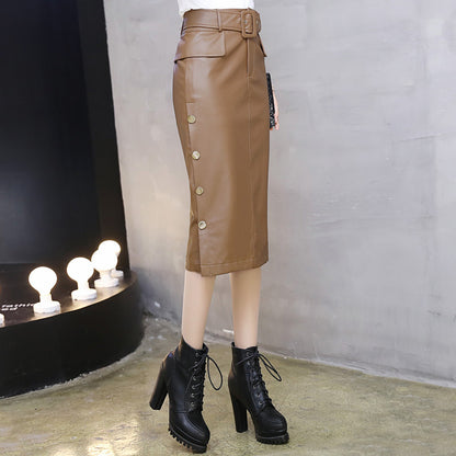 One-Step PU Leather Skirt with Gold Button Detail