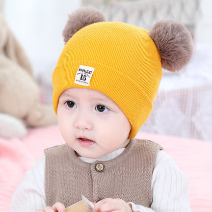 Cute Solid Color Knitted Baby Hat with pompom ears