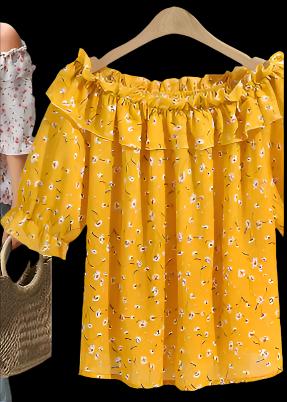 Yellow Plus Size Floral Ruffled Off-shoulder Chiffon Blouse