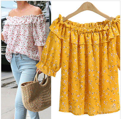 Yellow Plus Size Floral Ruffled Off-shoulder Chiffon Blouse